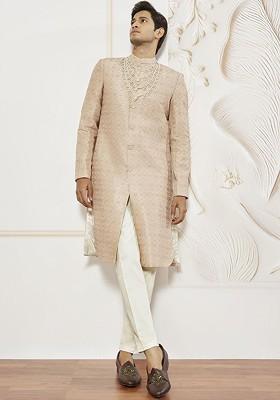 Peach Embroidered Poly Blend Indowestern Sherwani Set For Men
