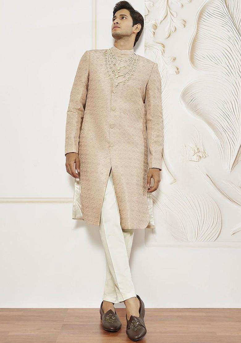 Peach Embroidered Poly Blend Indowestern Sherwani Set For Men
