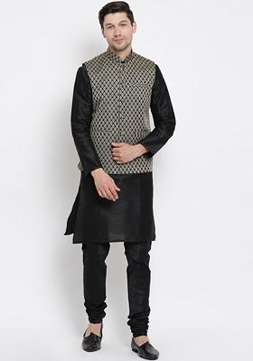 Black Woven Poly Blend Kurta Set For Men