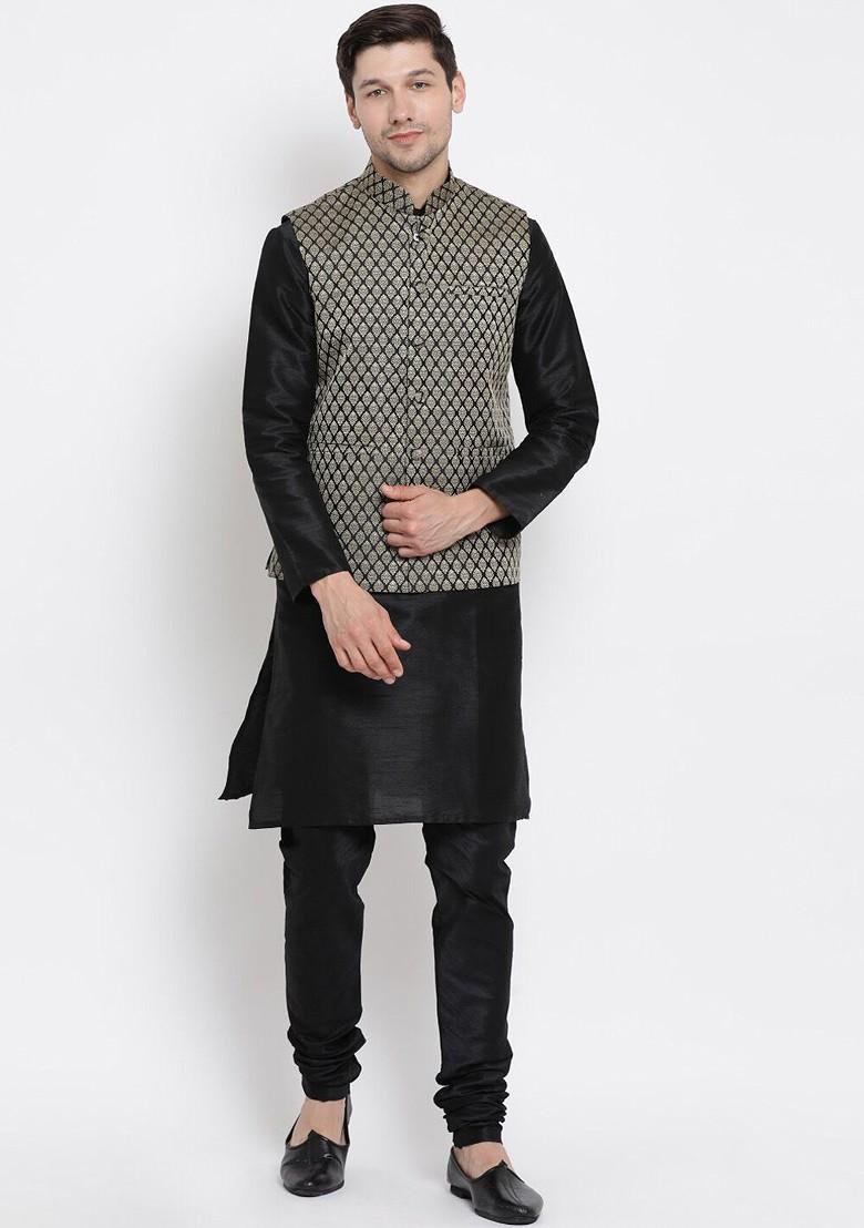 Black Woven Poly Blend Kurta Set For Men