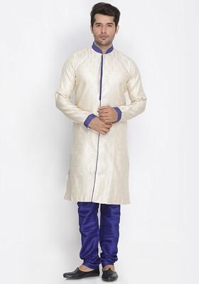 Off White Printed Poly Blend Indowestern Sherwani Set For Men