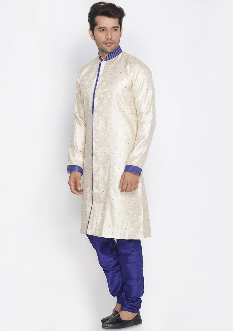 Off White Printed Poly Blend Indowestern Sherwani Set For Men