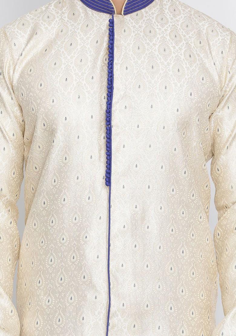Off White Printed Poly Blend Indowestern Sherwani Set For Men
