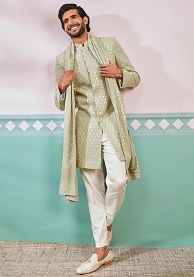 Green Embroidered Poly Blend Indowestern Sherwani Set For Men