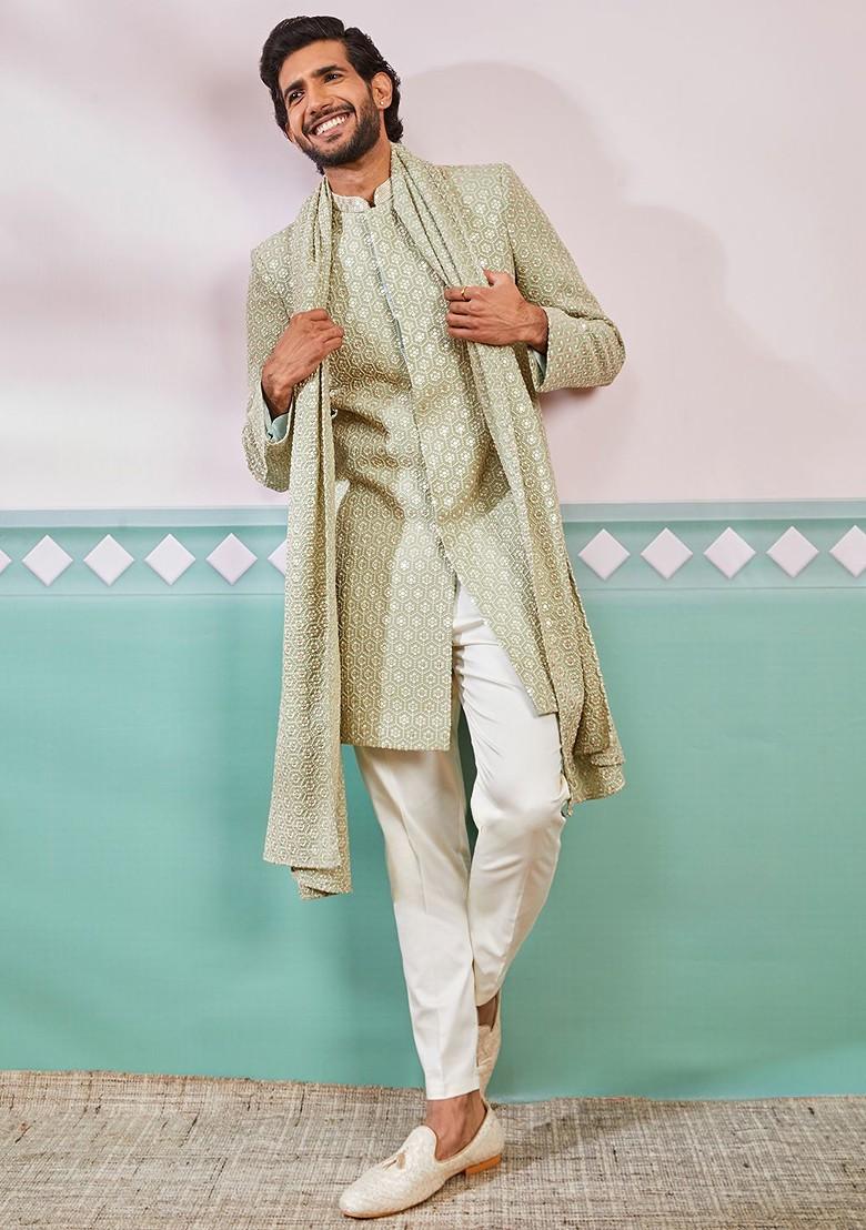 Green Embroidered Poly Blend Indowestern Sherwani Set For Men