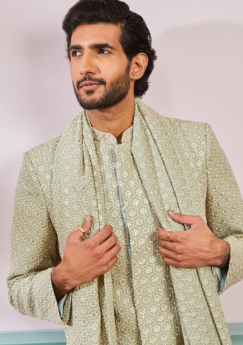 Green Embroidered Poly Blend Indowestern Sherwani Set For Men