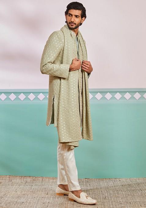 Green Embroidered Poly Blend Indowestern Sherwani Set For Men