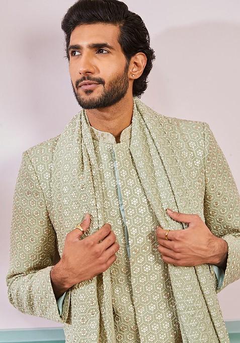 Green Embroidered Poly Blend Indowestern Sherwani Set For Men