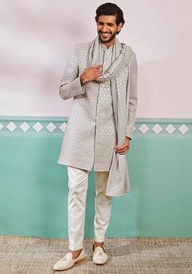 Grey Embroidered Poly Blend Indowestern Sherwani Set For Men