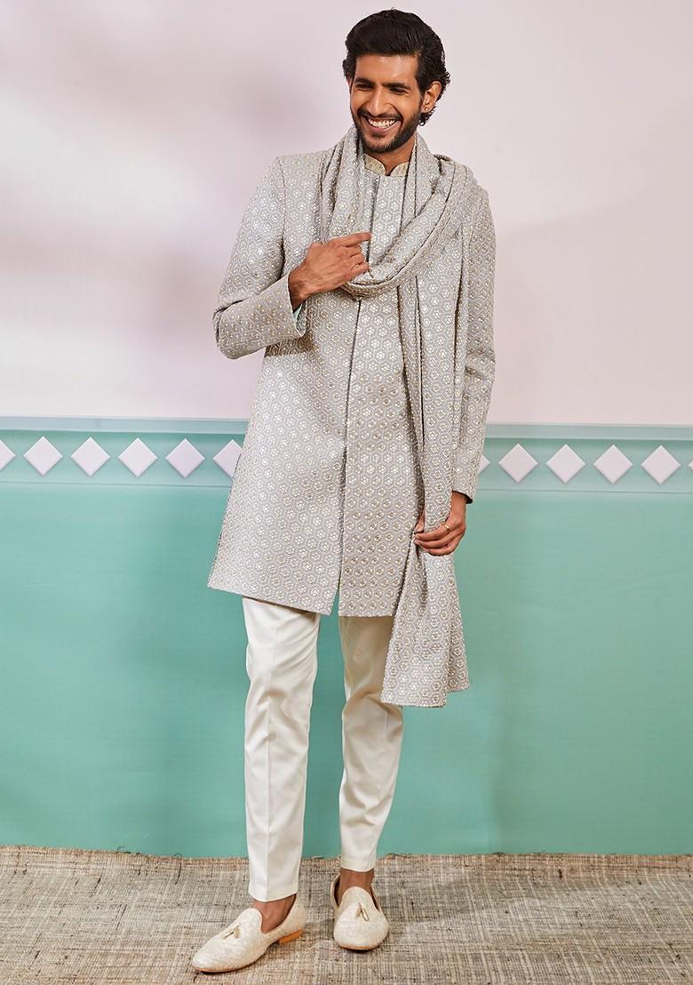 Grey Embroidered Poly Blend Indowestern Sherwani Set For Men