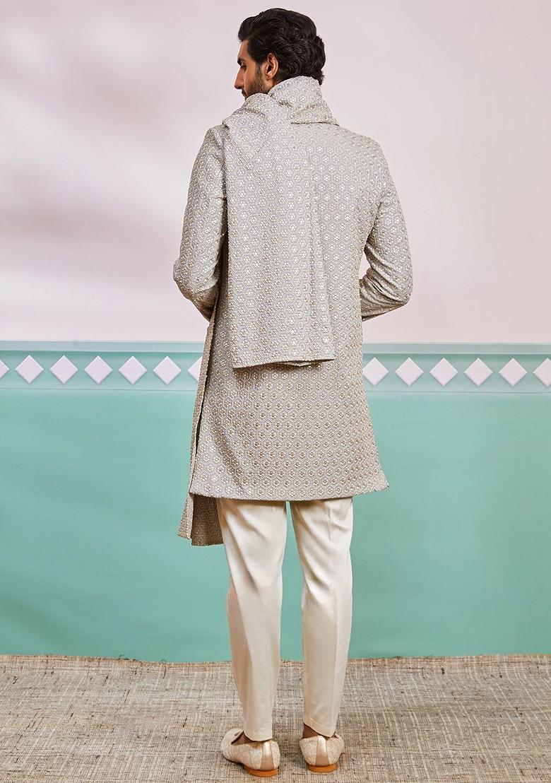 Grey Embroidered Poly Blend Indowestern Sherwani Set For Men
