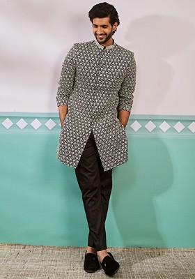 Black Embroidered Poly Blend Indowestern Sherwani Set For Men