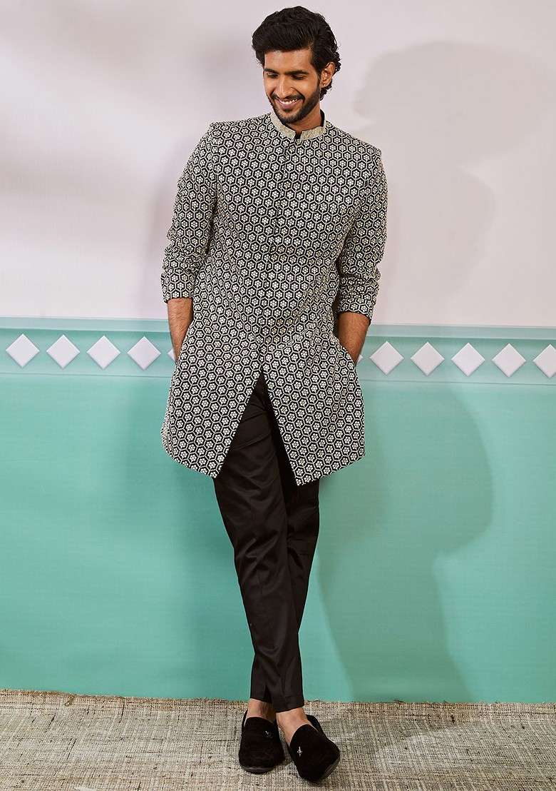 Black Embroidered Poly Blend Indowestern Sherwani Set For Men - Indya