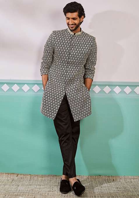 Black Embroidered Poly Blend Indowestern Sherwani Set For Men