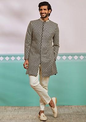 Black Embroidered Poly Blend Indowestern Sherwani Set For Men