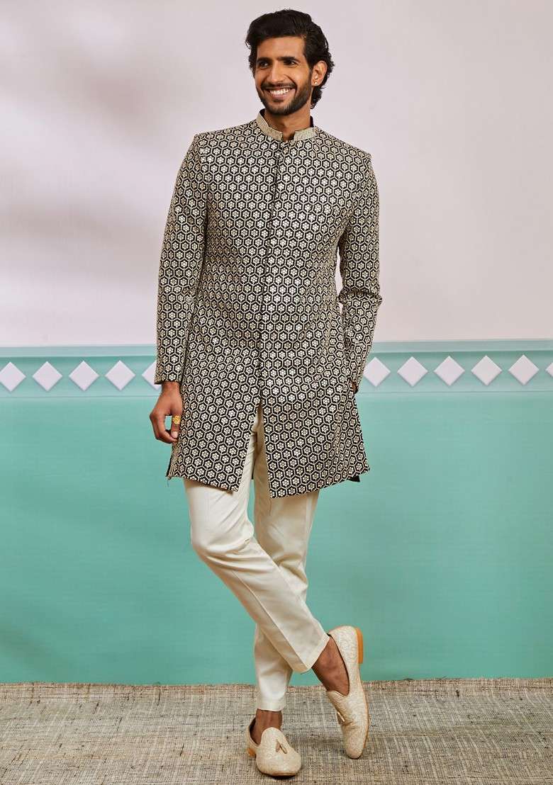 Black Embroidered Poly Blend Indowestern Sherwani Set For Men - Indya