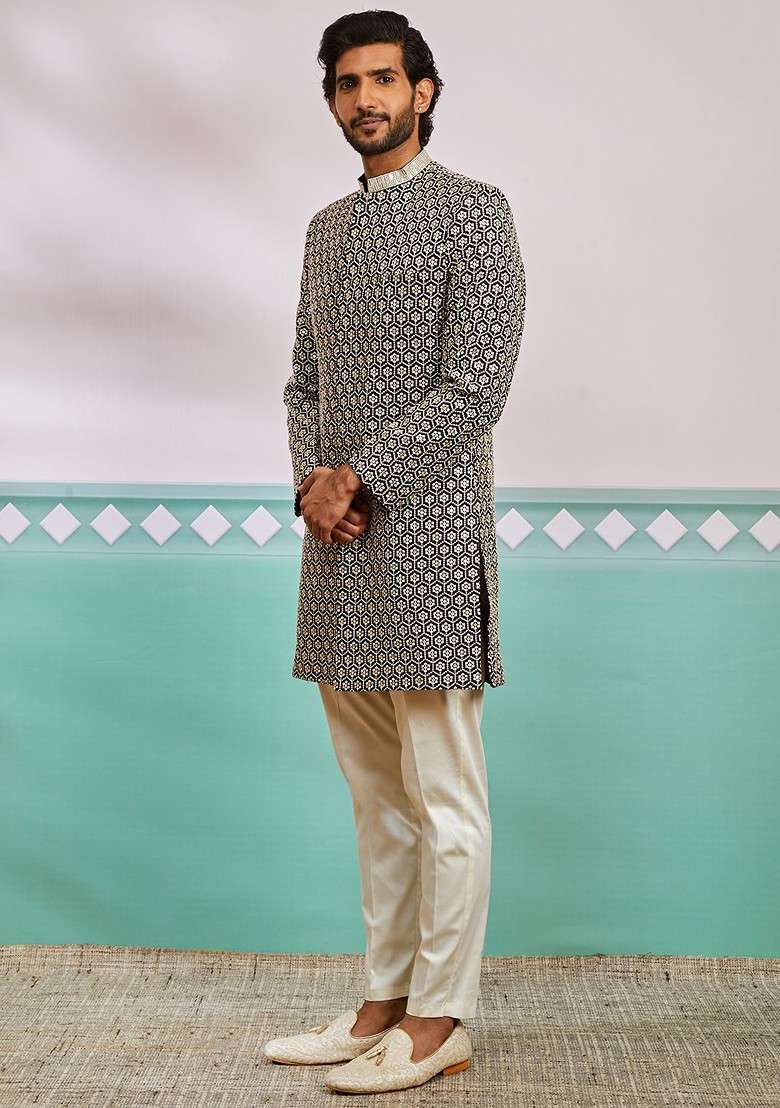 Black Embroidered Poly Blend Indowestern Sherwani Set For Men - Indya