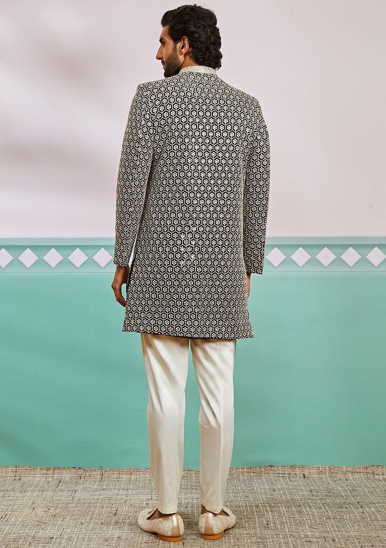 Black Embroidered Poly Blend Indowestern Sherwani Set For Men