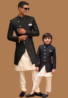 Black Solid Poly Blend Indowestern Sherwani Set For Men