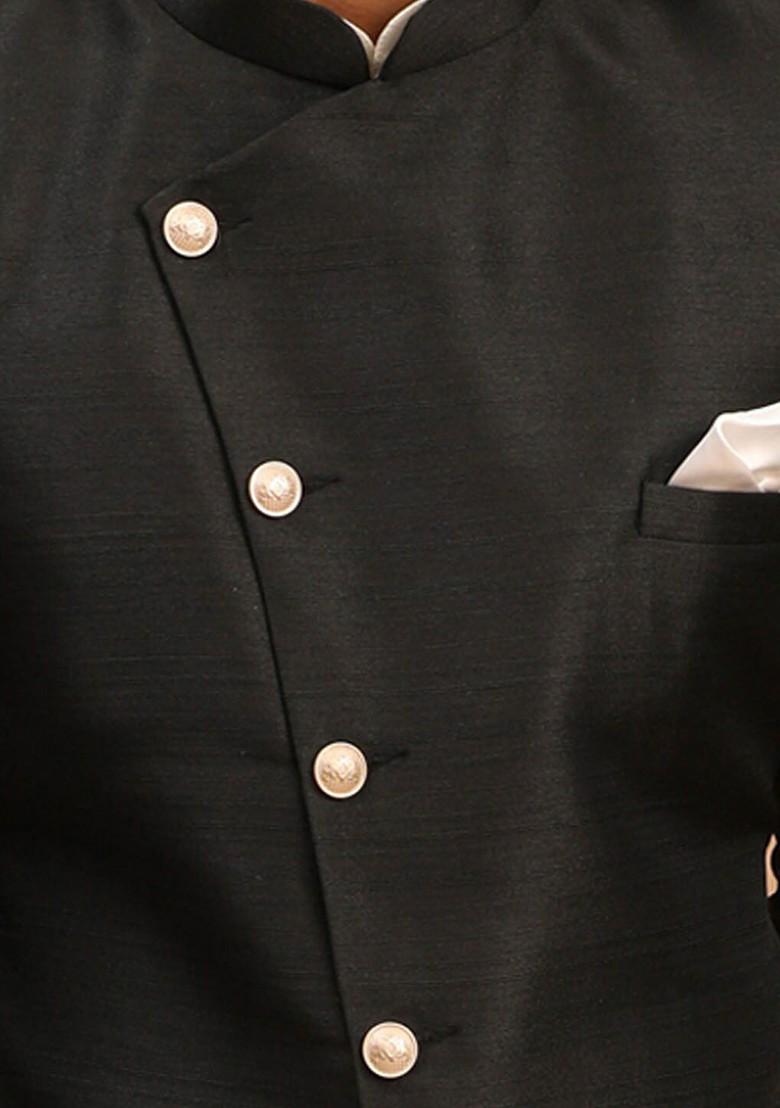 Black Solid Poly Blend Indowestern Sherwani Set For Men
