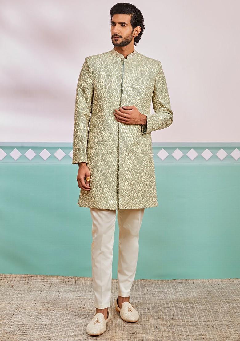 Green Embroidered Poly Blend Indowestern Sherwani Set For Men