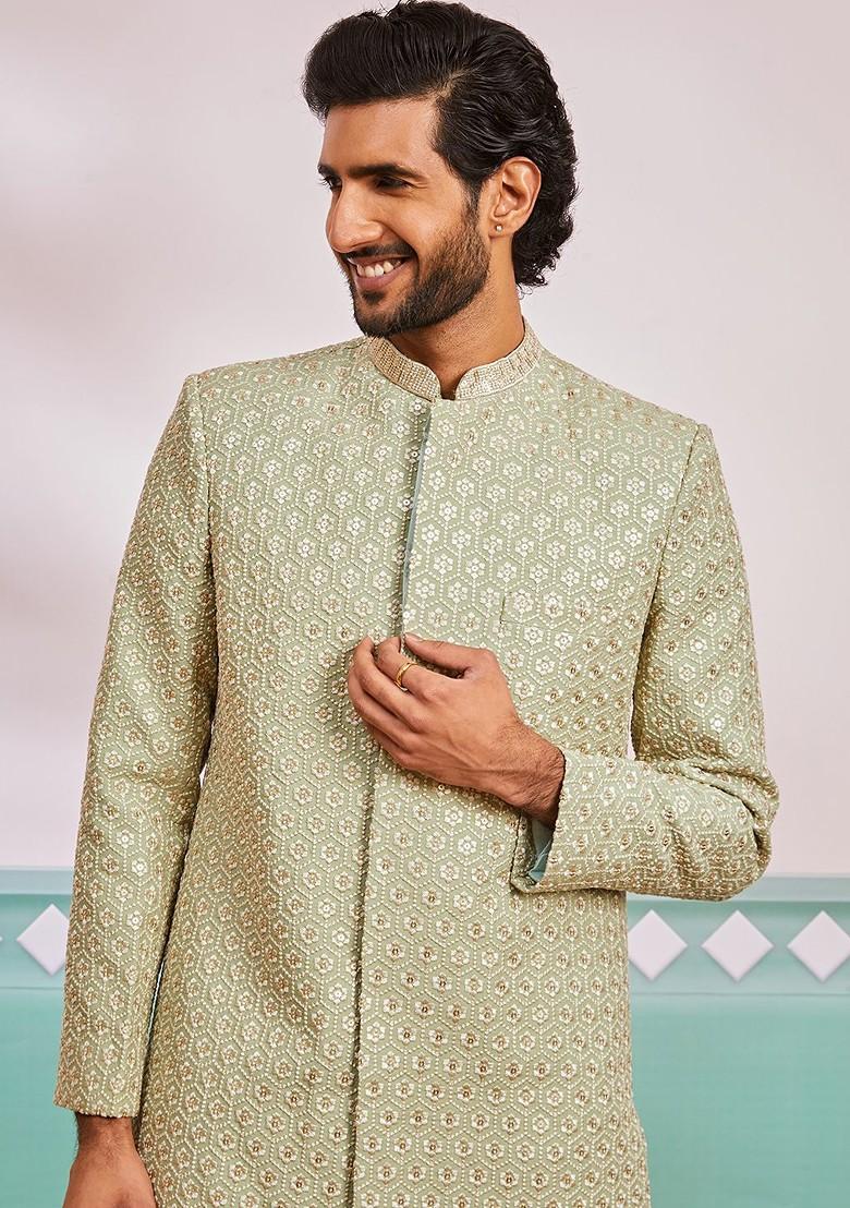 Green Embroidered Poly Blend Indowestern Sherwani Set For Men