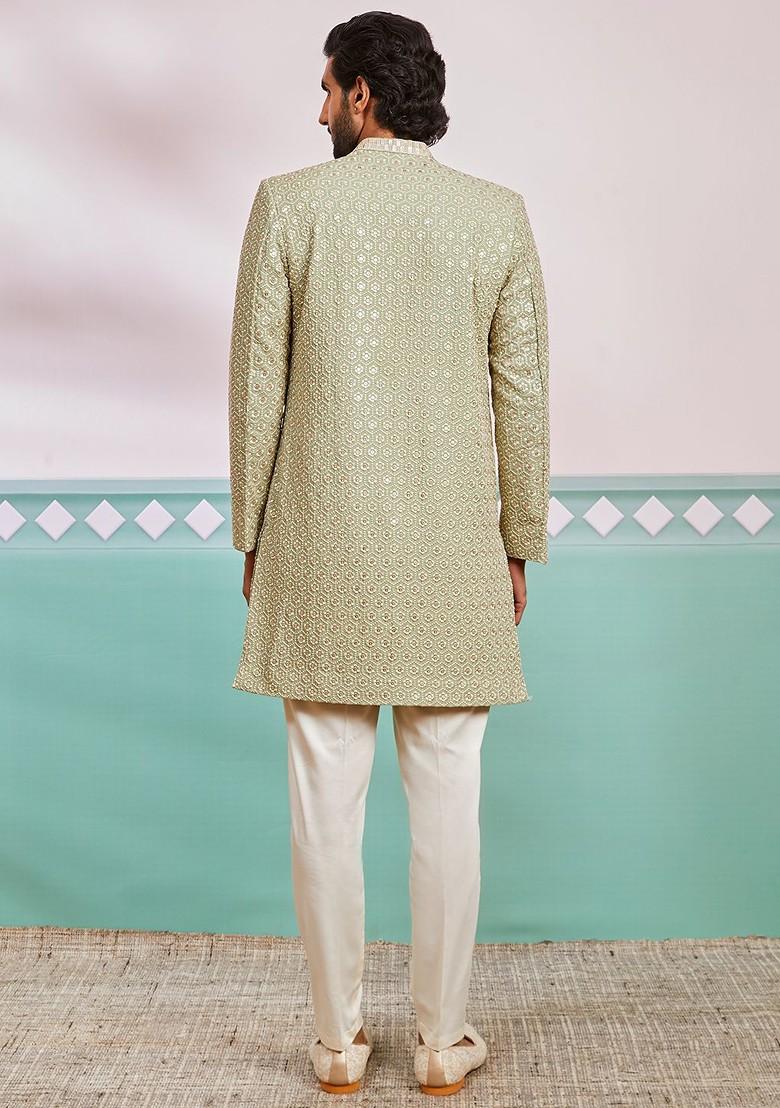 Green Embroidered Poly Blend Indowestern Sherwani Set For Men