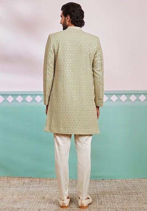 Green Embroidered Poly Blend Indowestern Sherwani Set For Men