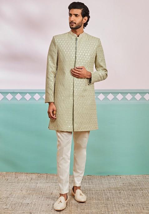 Green Embroidered Poly Blend Indowestern Sherwani Set For Men
