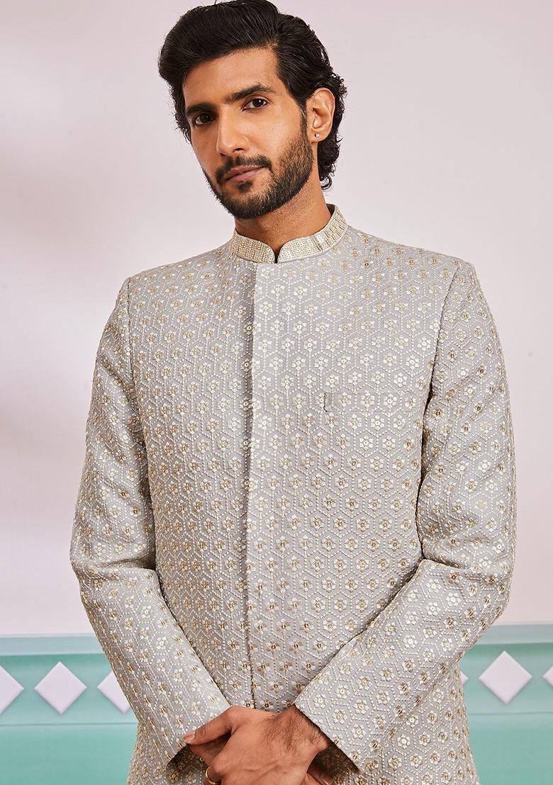 Grey Embroidered Poly Blend Indowestern Sherwani Set For Men