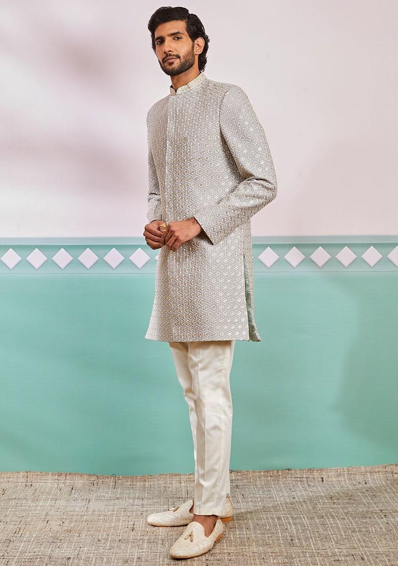 Grey Embroidered Poly Blend Indowestern Sherwani Set For Men