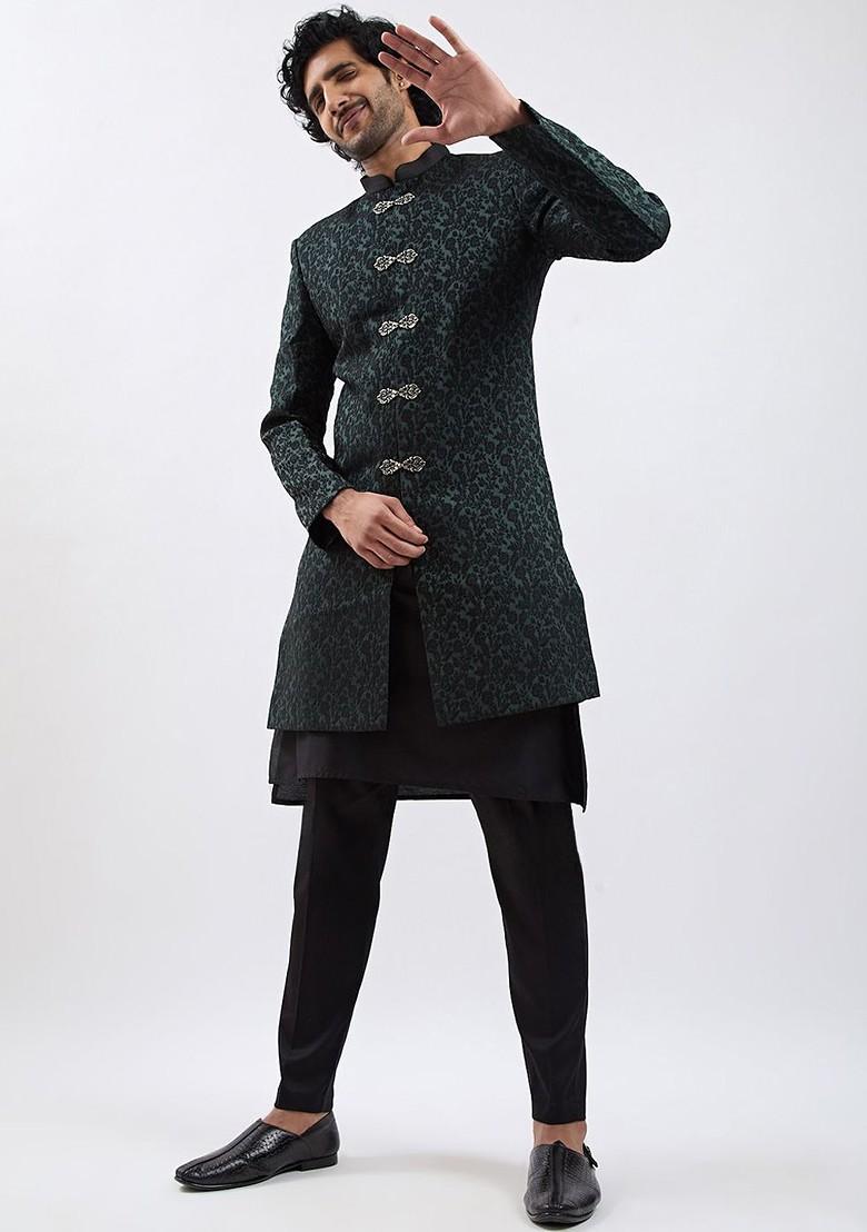 Green Embroidered Jacquard Indowestern Sherwani Set For Men