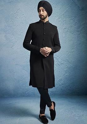 Black Embroidered Poly Blend Indowestern Sherwani Set For Men