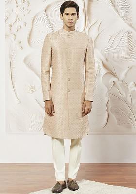 Peach Embroidered Poly Blend Indowestern Sherwani Set For Men