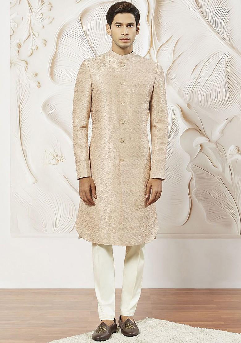 Peach Embroidered Poly Blend Indowestern Sherwani Set For Men