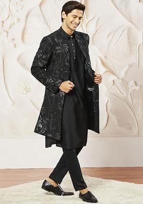 Black Embroidered Poly Blend Indowestern Sherwani Set For Men