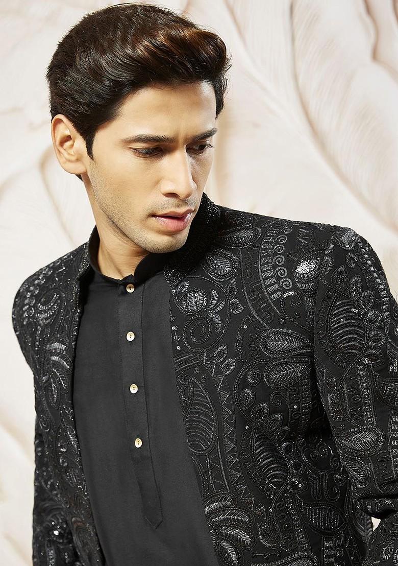Black Embroidered Poly Blend Indowestern Sherwani Set For Men