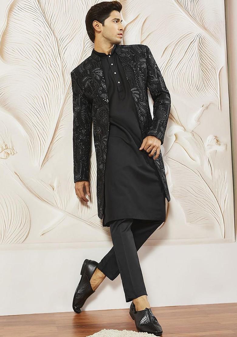 Black Embroidered Poly Blend Indowestern Sherwani Set For Men
