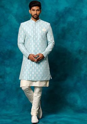Blue Embroidered Poly Blend Indowestern Sherwani Set For Men