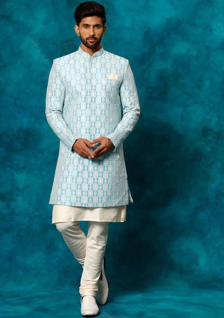 Blue Embroidered Poly Blend Indowestern Sherwani Set For Men - Indya