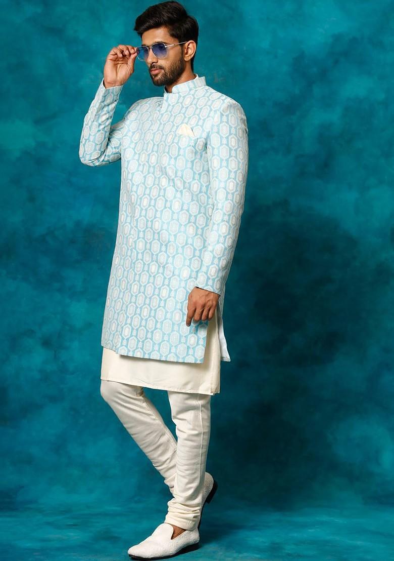 Blue Embroidered Poly Blend Indowestern Sherwani Set For Men