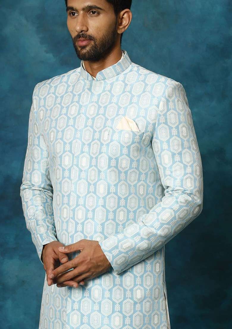 Blue Embroidered Poly Blend Indowestern Sherwani Set For Men - Indya