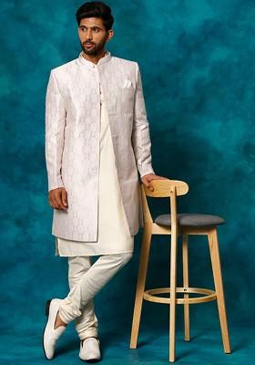 Purple Embroidered Poly Blend Indowestern Sherwani Set For Men