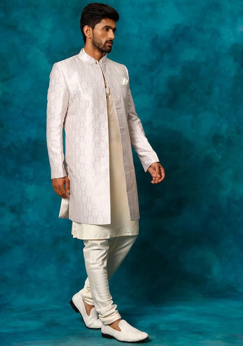 Purple Embroidered Poly Blend Indowestern Sherwani Set For Men