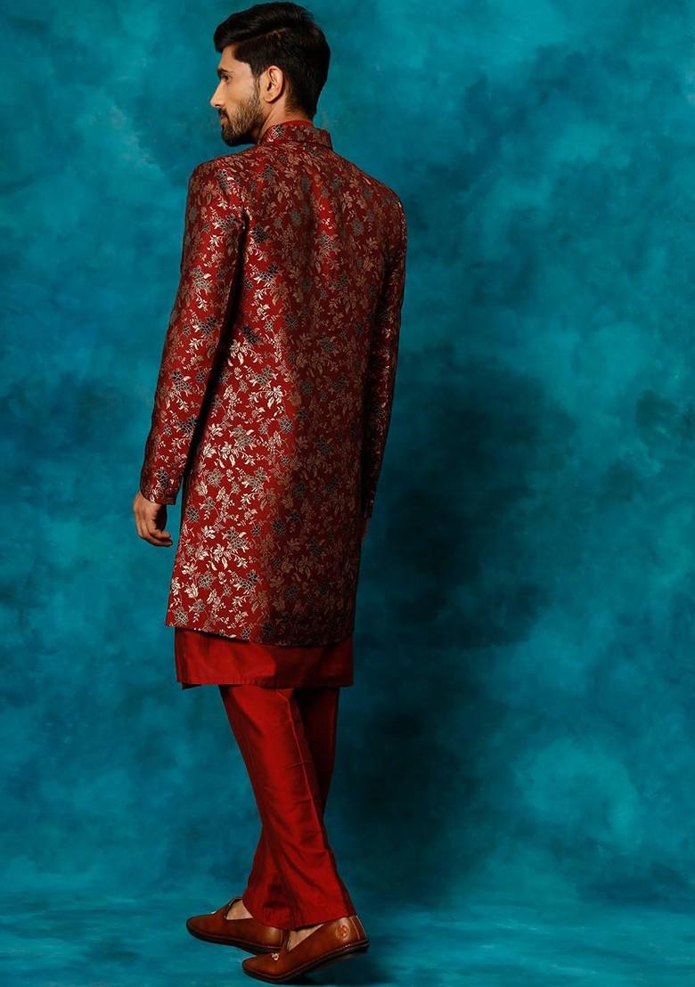 Red Embroidered Poly Blend Indowestern Sherwani Set For Men