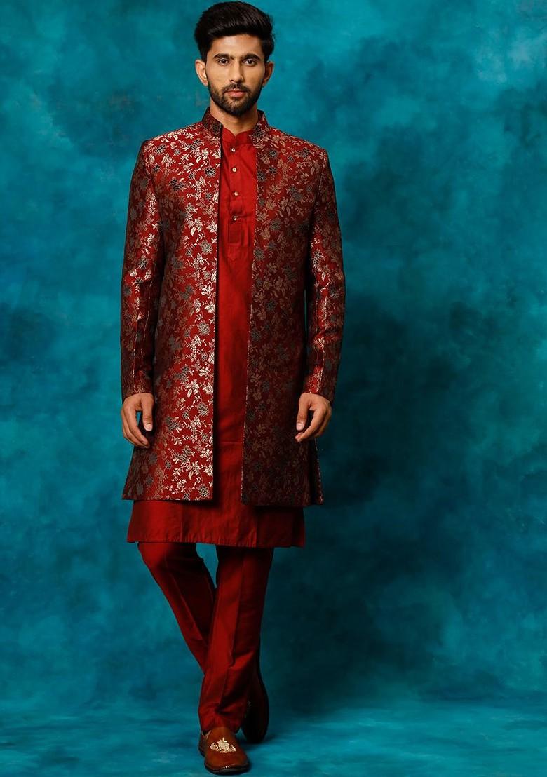 Red Embroidered Poly Blend Indowestern Sherwani Set For Men