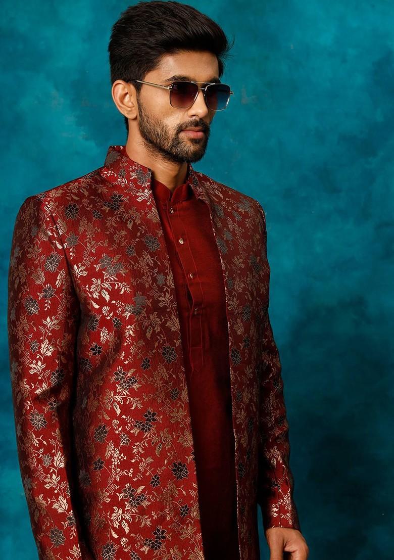 Red Embroidered Poly Blend Indowestern Sherwani Set For Men