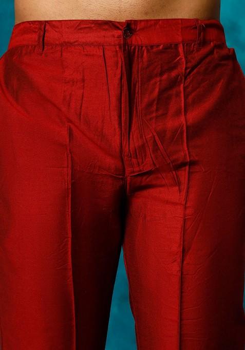 Red Embroidered Poly Blend Indowestern Sherwani Set For Men