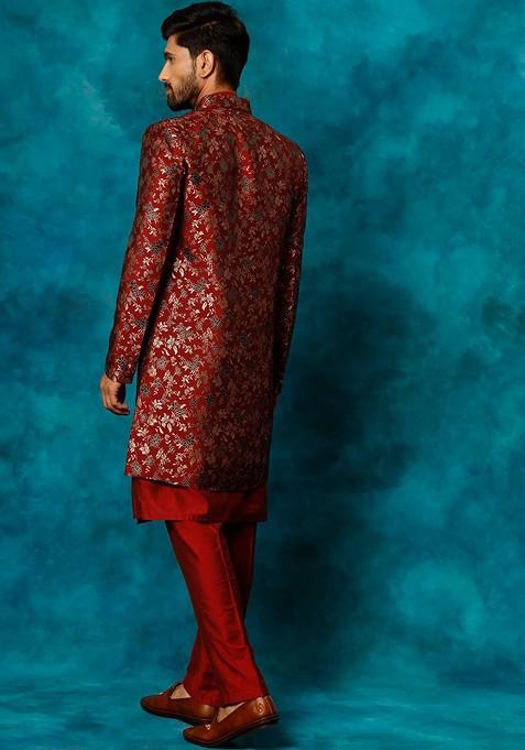 Red Embroidered Poly Blend Indowestern Sherwani Set For Men
