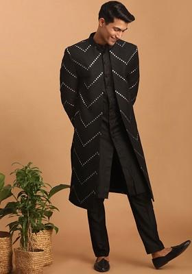 Black Embroidered Poly Blend Indowestern Sherwani Set For Men